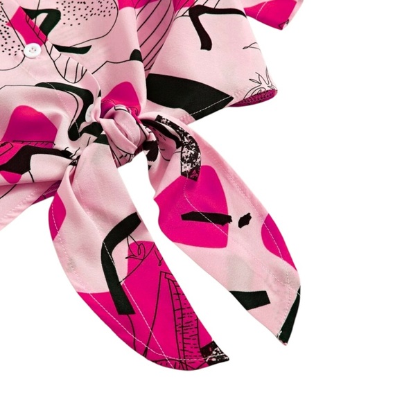 SHEIN Essnce Graphic Print Tie Front Crop Shirt Short Sleeve Size XL Pink Black - Picture 3 of 5
